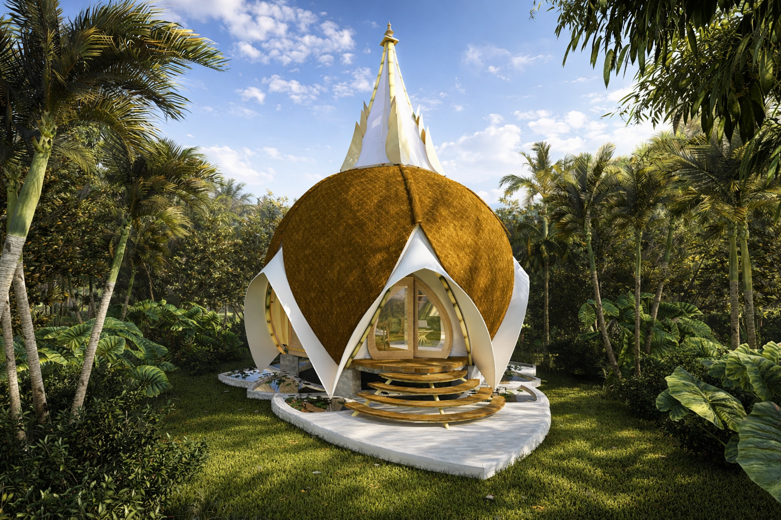 Trishula Dome natural bamboo exterior